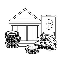 Wall Mural - bank building with bitcoins icons vector illustrator