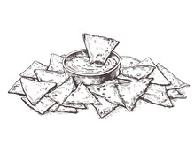 Illustration Mexican Corn Chips Nachos With Salsa Dip.Sketch Tortilla Chips.Drawing For Restaurant Menu, Label, Banner