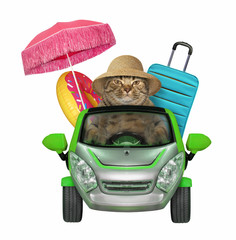 Canvas Print - The cat in a straw hat is driving to the seaside. There are a umbrella, an inflatable circle and a suitcase in his car. White background. Isolated.