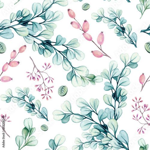 Seamless Pattern of Watercolor Berry and Branches