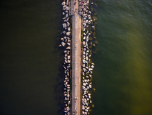 Aerial View Of Artificial Causeway On Lake Michigan , Chicago, USA.