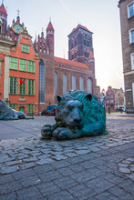 Gdansk, Poland - February 07, 2019: Fountain With Lions In Front Of Royal Chapel Of The Polish King John III Sobieski. Gdansk, Poland