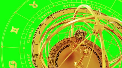 Wall Mural - zodiac signs and armillary sphere on green screen. seamless looped. 3d animation.