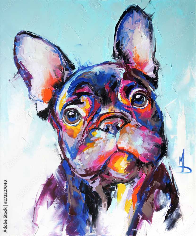 Oil dog portrait painting in multicolored tones. Conceptual abstract painting of a french bulldog muzzle. Closeup of a painting by oil and palette knife on canvas. - obrazy, fototapety, plakaty 