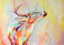 Oil Deer Portrait Painting In Multicolored Tones. Conceptual Abstract Painting Of A Deer Muzzle. Closeup Of A Painting By Oil And Palette Knife On Canvas.