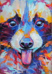 Wall Mural - Oil raccoon portrait painting in multicolored tones. Conceptual abstract painting of a raccoon muzzle. Closeup of a painting by oil and palette knife on canvas.