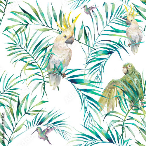 Watercolor tropical seamless pattern. Vibrant wallpaper with exotic birds, le...