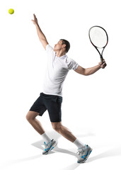 Wall Mural - Tennis player serving the ball isolated on white