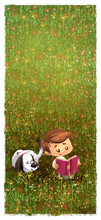 Happy Child With Dog Reading In The Field A Book