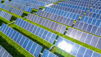 Solar panels in aerial view, Alternative renewable power and energy with photovoltaic panels, Ecosystem healthy ecology environment concept and background