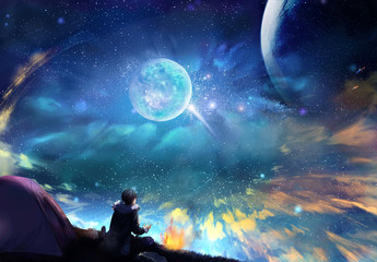 Wall Mural - abstract drawing of a man looking at a colorful sky