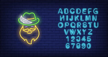Bearded Man In Green Hat Neon Sign. Oktoberfest Concept Design. Night Bright Neon Sign, Colorful Billboard, Light Banner. Vector Illustration In Neon Style.