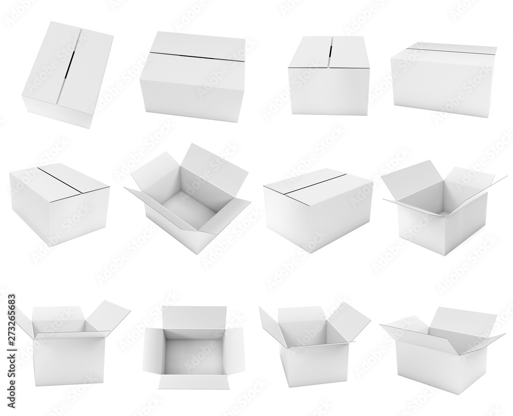 C Box White box. Cardboard carton set of open and closed boxes. 3d rendering ...