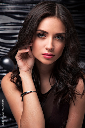 Beautiful Sexy Makeup Woman With Pink Lipstick Contrast Eyebrow And Long Curly Hair Looking Her Big Romantic Blue Eyes Buy This Stock Photo And Explore Similar Images At Adobe Stock
