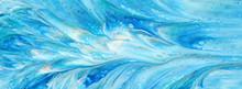 Photography Of Abstract Marbleized Effect Background. Blue, Mint And White Creative Colors. Beautiful Paint. Banner