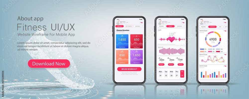 Fitness app material design with flat ui web screens. Template ready application UI, UX, KIT elements. Data analysis, choice of training program. Workout and statistics features and responsive website - obrazy, fototapety, plakaty 