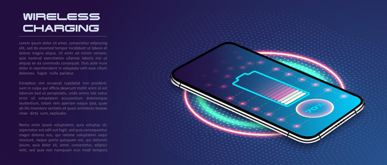 Aufkleber - Wireless charging of the smartphone battery. Future concept. The progress of charging the battery of the phone.Wireless charging technology concept on blue background. Vector Illustration