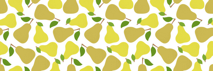 Poster - Pear seamless pattern. Long banner. Hand drawn fresh yellow fruit. Fashion design. Vector sketch background. Food print for kitchen tablecloth, curtain or dishcloth