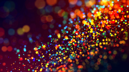 cloud of multicolored particles in the air like sparkles on a dark background with depth of field. beautiful bokeh light effects with colored particles. background for holiday presentations. 4