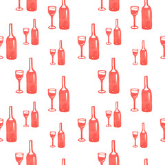 illustration of wine bottle pattern and glass with red marker on white background