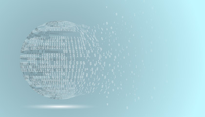 Binary code globe. Technology planet. Big data. Global network. Artificial intelligence. From chaos to system. 