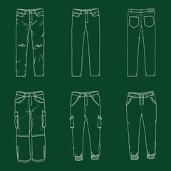 Poster - Vector Set of Chalk Sketch Illustrations - Pants and Trousers Collection.