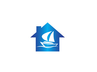 Yacht sailing in the sea for logo design illustration in a home shape house icon