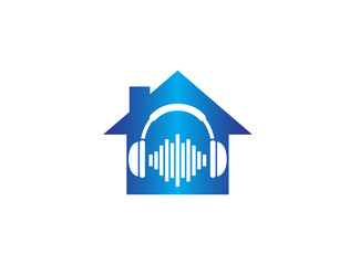 Headphones with music beats, Headset Logo design illustration in a house shape home icon