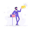 Happy man got an important letter. Handsome businessman or manager is standing nearby mailbox and holding an envelope. Modern vector illustration.
