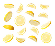 Set Of Flying Cut Fresh Juicy Lemon On White Background