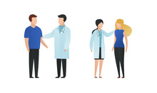 Trendy Flat Doctor And Patient Character Vector Cartoon Illustration. Male And Female Medic Saying News, Comforts People Isolated On White Background. Coat Uniform, Blue Cloth, Stethoscope.