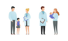 Trendy Flat Doctor And Patient Character Vector Cartoon Illustration. Male And Female Pediatrician Talking With Parents And Childs Isolated On White. On Picture Coat Uniform, Girl, Baby On Hands.