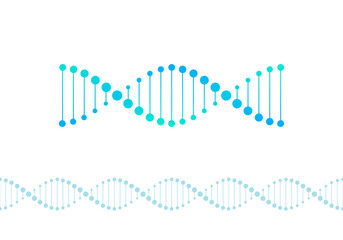 Vector science design elements. Flat blue gradient DNA spiral symbol and horizontal border seamless pattern isolated on white background. Design for scientific banner, poster, logo, infographic, web
