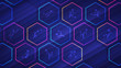 Blue soccer background with glowing neon hexagon cells and soccer player icons