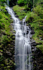 Fotomurales - vertical panorama of high picturesque waterfall in lush green forest landscape