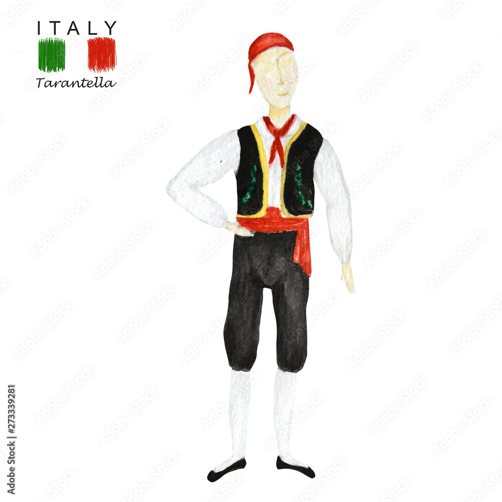 national costume dancing an Italian tarantella on white background. Man  dancer in red black folk costume Italy Stock Illustration | Adobe Stock, image size:1000x1000