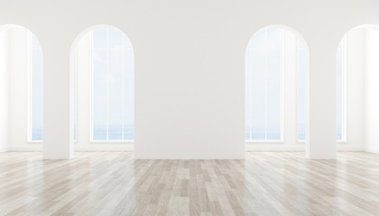 Poster - View of interior space with arch window design on sea view background,blank space of architecture with wood laminate floor. 3d rendering.