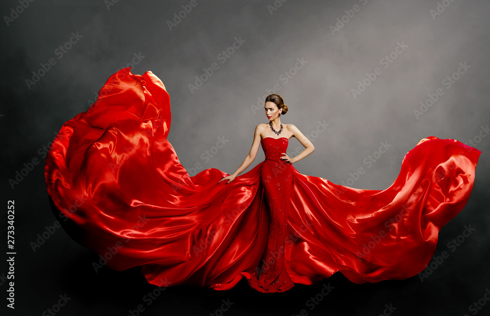 Woman Red Dress, Fashion Model in Long Silk Gown Waving Cloth on Wind, Flying Fluttering Fabric - obrazy, fototapety, plakaty 