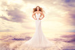 Fashion Model in Sea Waves, Beautiful Woman in Elegant White Dress Hairstyle Waving on Wind, Art Portrait