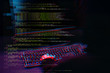 © nuclear_lily - Hacker working with computer in dark room with digital interface around. Image with glitch effect.