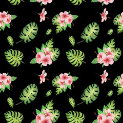 Wall Mural - hand drawn watercolor floral tropical seamless pattern with green monstera leaves and pink hibiscus flowers on black  background. design for cloth, textille, wrapping, gift paper