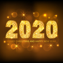 Happy New Year 2020 Gold Glitter Texture Type On Magic Stars Lights With Bokeh Effects Background.