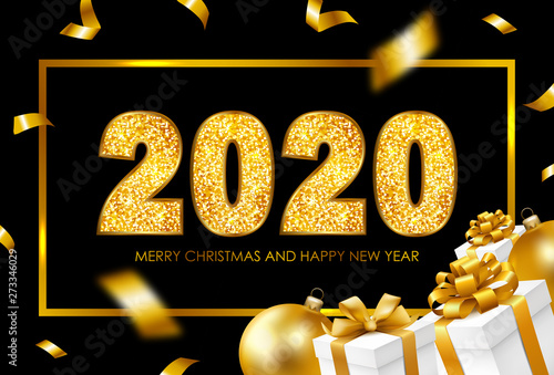 2020 Merry Christmas And Happy New Year Card With Confetti Gift