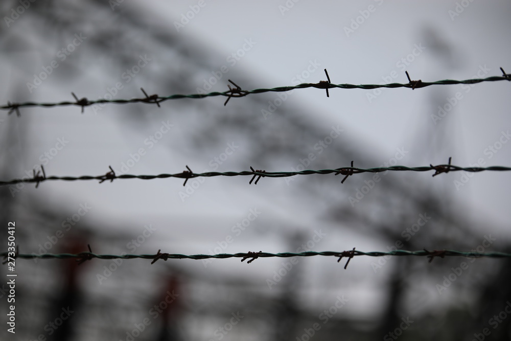 barbed wire with the blurred background of a refugee camp - obrazy, fototapety, plakaty 