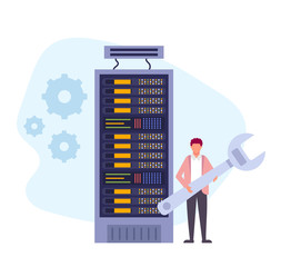 Wall Mural - data storage protection room workers concept. vector flat graphic design cartoon illustration