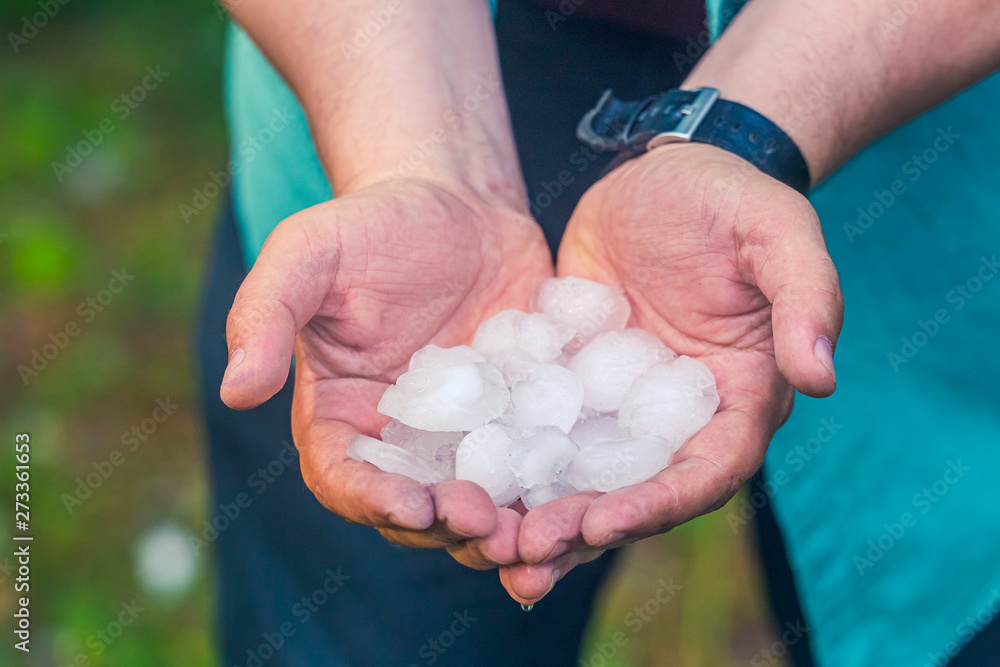 Man hand holding a hail after hailstorm - obrazy, fototapety, plakaty 