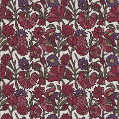  Woodblock printed seamless all over ethnic floral pattern. Traditional oriental motif of India with carnations on ecru background. Textile design.