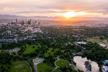 Wall Mural - Aerial drone photo - Skyline of Denver, Colorado at sunset from City Park