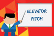 Conceptual hand writing showing Elevator Pitch. Concept meaning A persuasive sales pitch Brief speech about the product Businessman standing in front projector pointing project idea