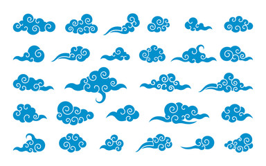 Cloud in Chinese style. Abstract blue cloudy set isolated on white background. Vector illustration